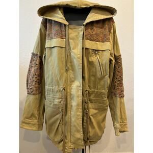 Free People Crafted Cloth Tapestry Jacket Khaki Green Textile Full Zip Coat sz L